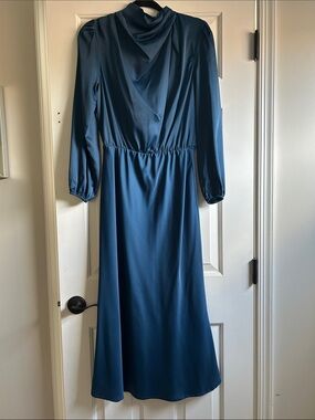 Women's Teal Long-Sleeve Midi Dress with Draped Neckline